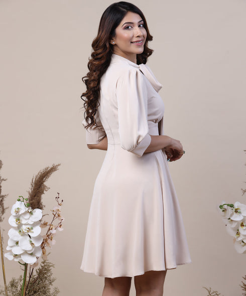 Solid Sweet Neck Tie Flared Dress